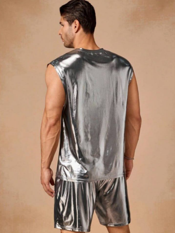 Crystal City Men's Mesh Metallic Fibres Look Sleepwear Tees & Short Set